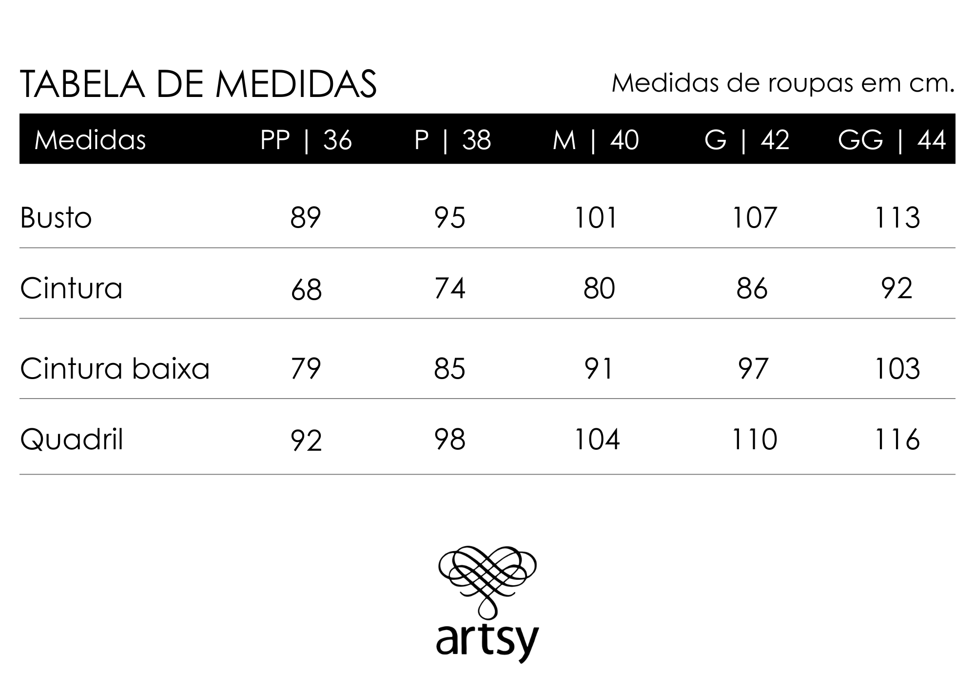 Tabela de Medidas - Conjunto Aila